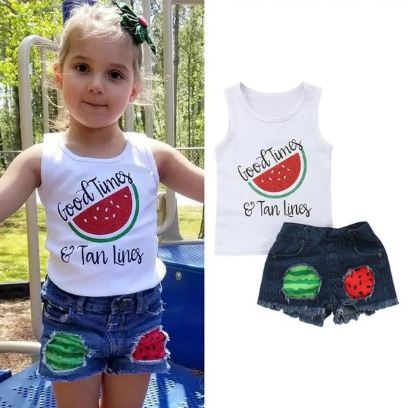 NEW Girl's Good Times & Tan Lines Watermelon Outfit - Picture 1 of 3